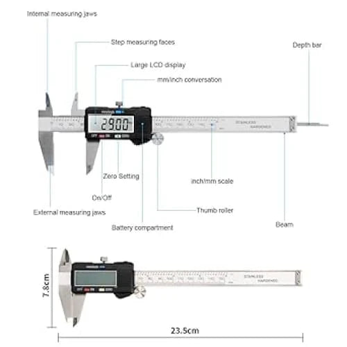 Digital caliper 0-6 Metric Inch Fraction Caliper Measuring Tool Stainless Steel Electronic 6 inch Caliper Measurement Tool Vernier Caliper Large LCD Display (150mm)